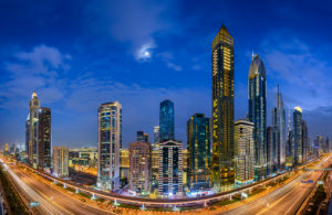 Aerial night view of the skyscrapers along the Sheikh Zayed Road in Dubai, UAE Aerial night view of the skyscrapers along the Sheikh Zayed Road in Dubai, UAE